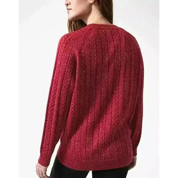 Athleta Crossroads Metallic Holiday Sweater Cable Knit Crew Wool | Red | SZ 2X - Picture 3 of 13